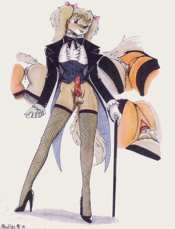 alternative_fashion anthro anthrofied anus black_tie_(suit) bottomless cane clothed clothing drag_(fashion) duo erection footwear genitals high_heels j-fashion knot knotting legwear looking_at_viewer male ouji_(fashion) penetration penis piercing sex shoes solo_focus stockings suit tail ghstkatt canid canine canis domestic_dog mammal absurd_res hi_res traditional_media_(artwork)