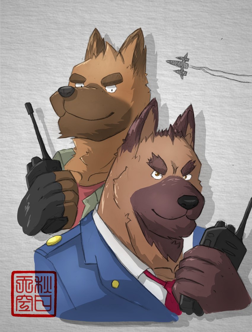 aircraft airplane anthro camo clothing duo fighter_plane fingerless_gloves gloves grey_background handwear male police police_officer police_uniform simple_background uniform vehicle walkie-talkie watermarked_at_source autumn_sky_lm benki_wars polidog_patrol captain_dog shepherd_(polidog_patrol) canid canine canis domestic_dog german_shepherd herding_dog mammal pastoral_dog hi_res