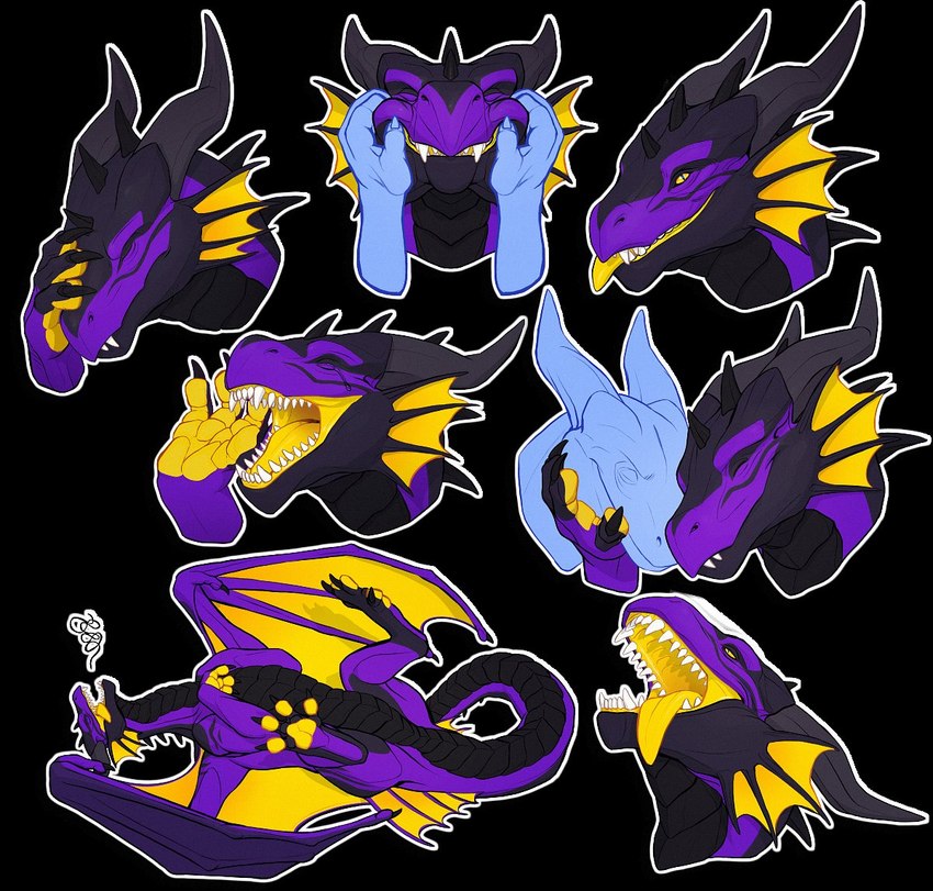 ambiguous_gender black_body black_scales cuddling duo eyes_closed fangs featureless_crotch feral grey_horn horn membrane_(anatomy) membranous_wings open_mouth pupils purple_body purple_wings quadruped scales slit_pupils solo tail teeth tongue tongue_out wings yellow_eyes yellow_tongue yellow_wings khyaber mythology dragon mythological_creature mythological_scalie scalie multiple_images