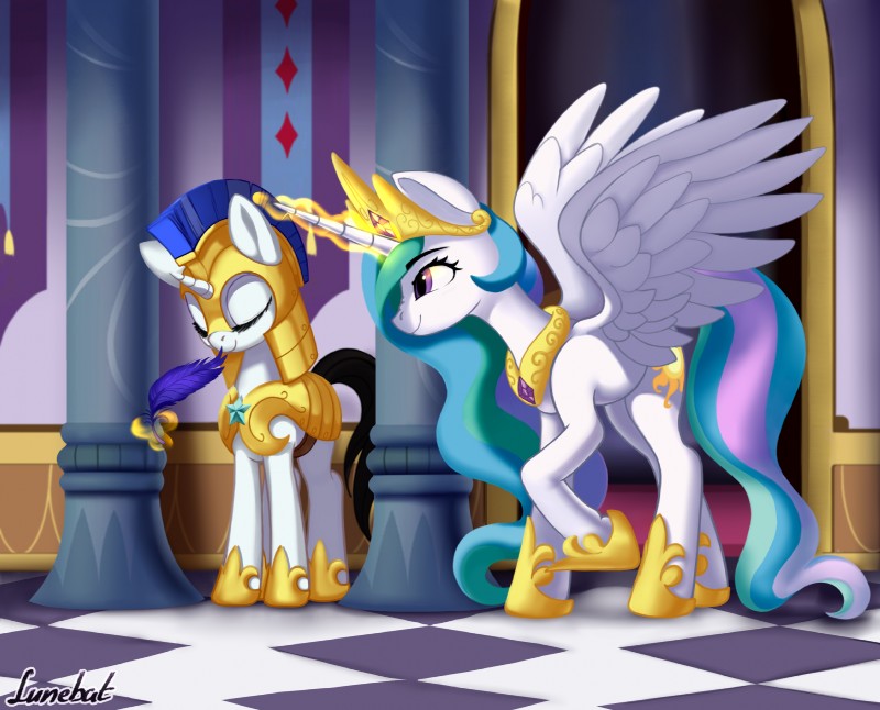 armor crown duo feathers female feral headgear horn larger_female magic prank size_difference sleeping smaller_female wings lunebat friendship_is_magic hasbro my_little_pony mythology princess_celestia_(mlp) royal_guard_(mlp) equid equine mammal mythological_creature mythological_equine unicorn winged_unicorn hi_res