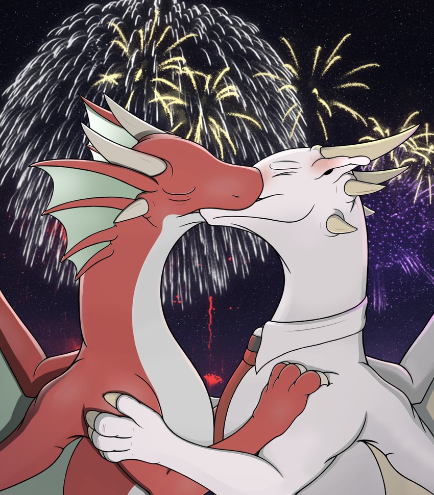 blush claws duo eyes_closed female feral fireworks hands_on_shoulders horn kissing male night red_body red_scales romantic romantic_couple scales sky star white_body white_scales white_wings wings yellow_claws dragonhurd fastbiter angels_with_scaly_wings european_mythology mythology amelia_(angels_with_scaly_wings) remy_(angels_with_scaly_wings) dragon mythological_creature mythological_scalie scalie western_dragon hi_res