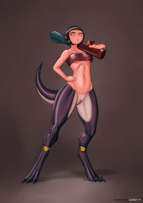 animal_legs bandeau black_hair bottomless breasts clothed clothing female genitals gun hair navel purple_body purple_scales pussy ranged_weapon scales solo split_form tail topwear weapon dotoro_(artist) mythology dragon humanoid mythological_creature mythological_scalie scalie hi_res