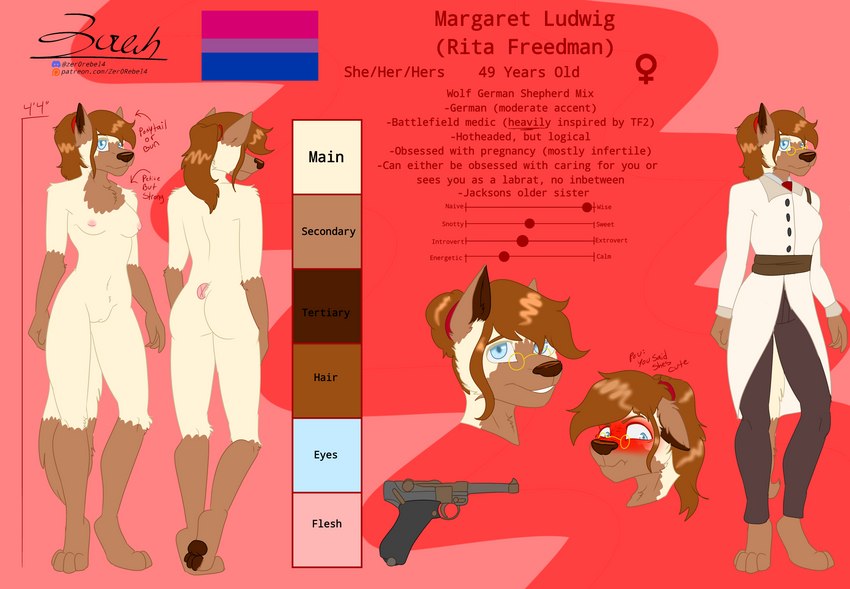 anthro bisexual_pride_colors blue_eyes blushing_profusely bottomwear breasts brown_body brown_fur brown_hair brown_markings butt clothed clothing coat eyewear female female_symbol fur gender_symbol genitals glasses gun hair hair_bun lab_coat lgbt_pride markings navel necktie nipples nude pants pawpads ponytail pride_colors pussy ranged_weapon solo symbol text topwear updo weapon white_body white_fur zer0rebel4 discord_(app) patreon team_fortress_2 valve medic_(team_fortress_2) rita_(zer0rebel4) canid canine canis domestic_dog german_shepherd herding_dog hybrid mammal pastoral_dog wolf 2023 absurd_res english_text flat_colors hi_res model_sheet url