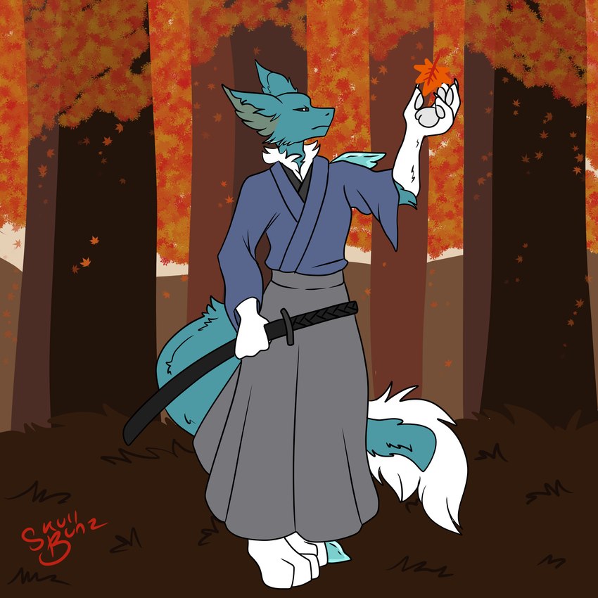 anthro asian_clothing blue_body blue_fur clothing east_asian_clothing falling_leaves feet fur japanese_clothing katana kimono looking_up male melee_weapon nature nature_background neck_tuft solo sword tail tail_tuft tuft weapon white_arms white_feet skull_bunz_official frost_jeckals_(huf13) fenril_(spicy_flakes) 1:1 hi_res signature