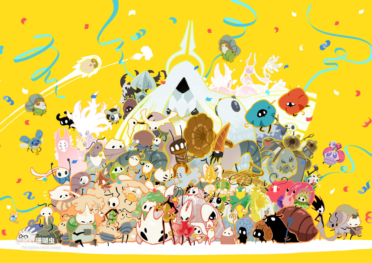 2_horns 6_eyes ambiguous_gender antennae_(anatomy) anthro armor bag beastling beverage biped black_body black_eyes blue_body cloak clothed clothing empty_eyes eye_scar eyes_closed eyewear facial_scar feral flying fur gastropod_shell glasses green_clothing grey_clothing group headgear helmet holding_beverage holding_melee_weapon holding_object holding_weapon hood horn larger_ambiguous lifeblood lips long_body looking_at_another lying markings mask melee_weapon midair mollusk_shell mouth_closed multi_eye neck_tuft on_front on_ground plant quadruped raised_arms red_cloak red_clothing red_eyes scar shell sitting size_difference smaller_ambiguous standing text tree tuft walking weapon white_body white_clothing white_eyes yellow_clothing coral_polyp13 hollow_knight:_silksong hollow_knight_(franchise) team_cherry ballow_(hollow_knight:_silksong) bell_beast bell_hermit benjin_(hollow_knight:_silksong) caretaker_(hollow_knight:_silksong) chapel_maid creige_(hollow_knight:_silksong) crull_(hollow_knight:_silksong) crust_king_khann fayforn_(hollow_knight:_silksong) first_sinner flick_the_fixer forge_daughter frey_(hollow_knight:_silksong) garmond_(hollow_knight:_silksong) gilly_(hollow_knight:_silksong) grand_mother_silk green_prince_(hollow_knight:_silksong) greyroot grindle_(hollow_knight:_silksong) grishkin_(hollow_knight:_silksong) herrah_(hollow_knight) hornet_(hollow_knight) huge_flea_(hollow_knight:_silksong) huntress_(hollow_knight:_silksong) jubilana kratt_(hollow_knight:_silksong) lace_(hollow_knight:_silksong) loam_(hollow_knight:_silksong) loddie_(hollow_knight:_silksong) lumble_the_lucky mister_mushroom_(hollow_knight) mooshka_(hollow_knight:_silksong) mort_(hollow_knight:_silksong) moss_druid mottled_skarr nuu_(hollow_knight:_silksong) nyleth pavo_(hollow_knight:_silksong) pebb_(hollow_knight:_silksong) phantom_(hollow_knight:_silksong) pilby_(hollow_knight:_silksong) pill_(hollow_knight:_silksong) pinmaster_plinney pinstress queen_vespa_(hollow_knight) reed_(hollow_knight:_silksong) scrounge_(hollow_knight:_silksong) seamstress_(hollow_knight:_silksong) second_sentinel seth_(hollow_knight:_silksong) shakra_(hollow_knight:_silksong) sherma_(hollow_knight:_silksong) skarrsinger_karmelita sprintmaster_swift steel_seer_zi sula_(hollow_knight:_silksong) summoned_saviour the_knight_(hollow_knight) the_unravelled tipp_(hollow_knight:_silksong) trobbio_(hollow_knight:_silksong) twelfth_architect varga_(hollow_knight:_silksong) vaultkeeper_cardinius vog_(hollow_knight:_silksong) white_lady_(hollow_knight) widow_(hollow_knight:_silksong) yarnaby_(hollow_knight:_silksong) zaza_(hollow_knight:_silksong) zylotol arachnid arthropod bee beetle centipede cucujoid elemental_creature flea_(hollow_knight:_silksong) flora_fauna gastropod ghost hymenopteran insect ladybug mollusk myriapod order_of_karak shadow_creature skarr snail_shaman_(species) spirit treant verdanian weaver_(hollow_knight) 2026 absurd_res chinese_text english_text hi_res female_(lore) male_(lore) mother_(lore) mother_and_child_(lore) parent_(lore) parent_and_child_(lore)