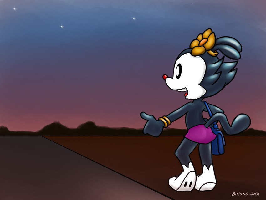 anthro bottomwear clothing female hitchhiking outside road skirt smile solo standing sunset 8horns animaniacs warner_brothers dot_warner mammal 2006