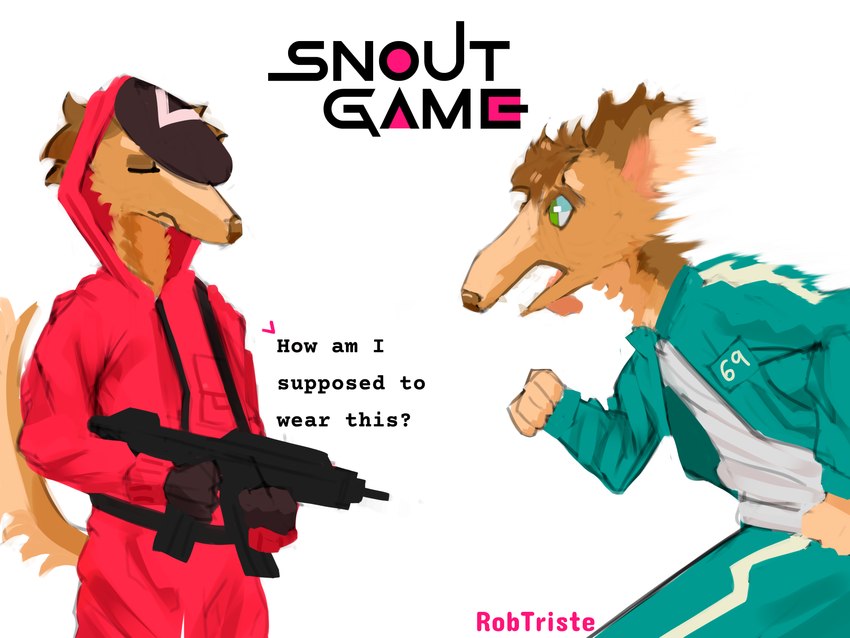 anthro gun holding_object holding_weapon male mask ranged_weapon running solo sportswear tail text tongue tongue_out weapon roberttristeart squid_game guard_(squid_game) rob_(roberttristeart) borzoi canid canine canis domestic_dog hunting_dog mammal sighthound 4:3 absurd_res english_text hi_res