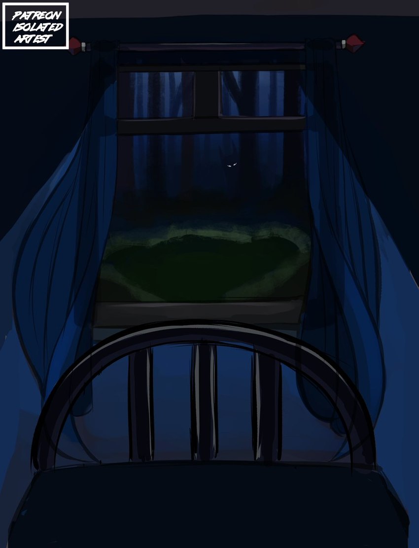 bed bedframe creepy curtains curtains_open dark_room first_person_view forest furniture glowing glowing_eyes open_window plant scary silhouette tree window isolatedartest 2023 digital_media_(artwork) hi_res