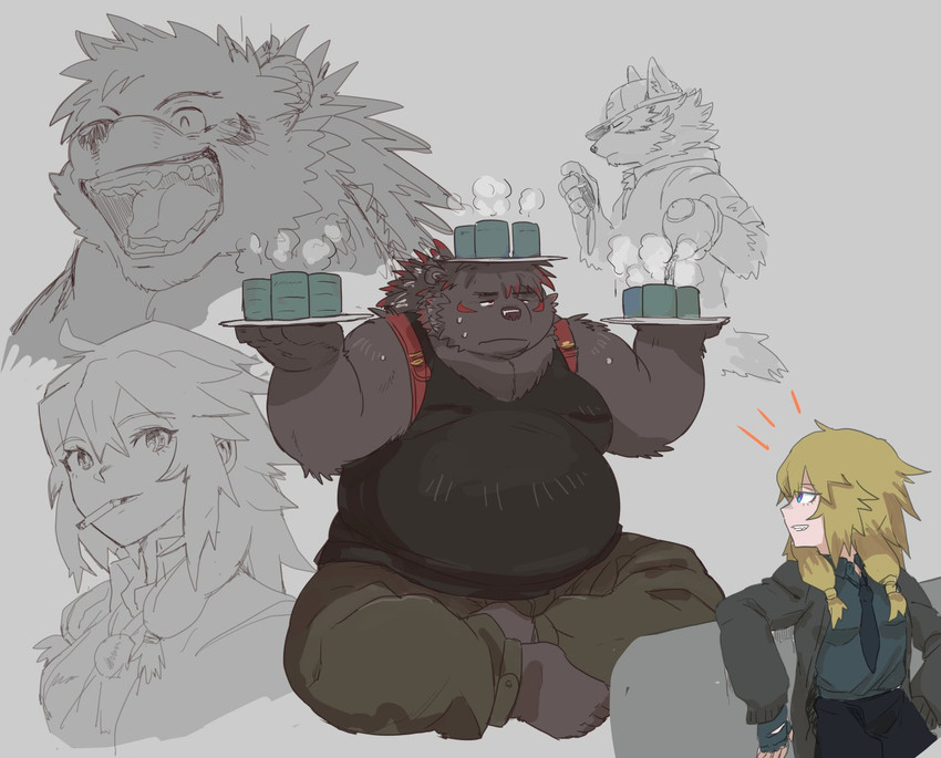 anthro belly black_body black_fur blush bottomwear clothing eyes_closed fur hat headgear headwear humanoid_hands kemono male necktie overweight overweight_male pants shirt sitting topwear chisa_sa human mammal 2021