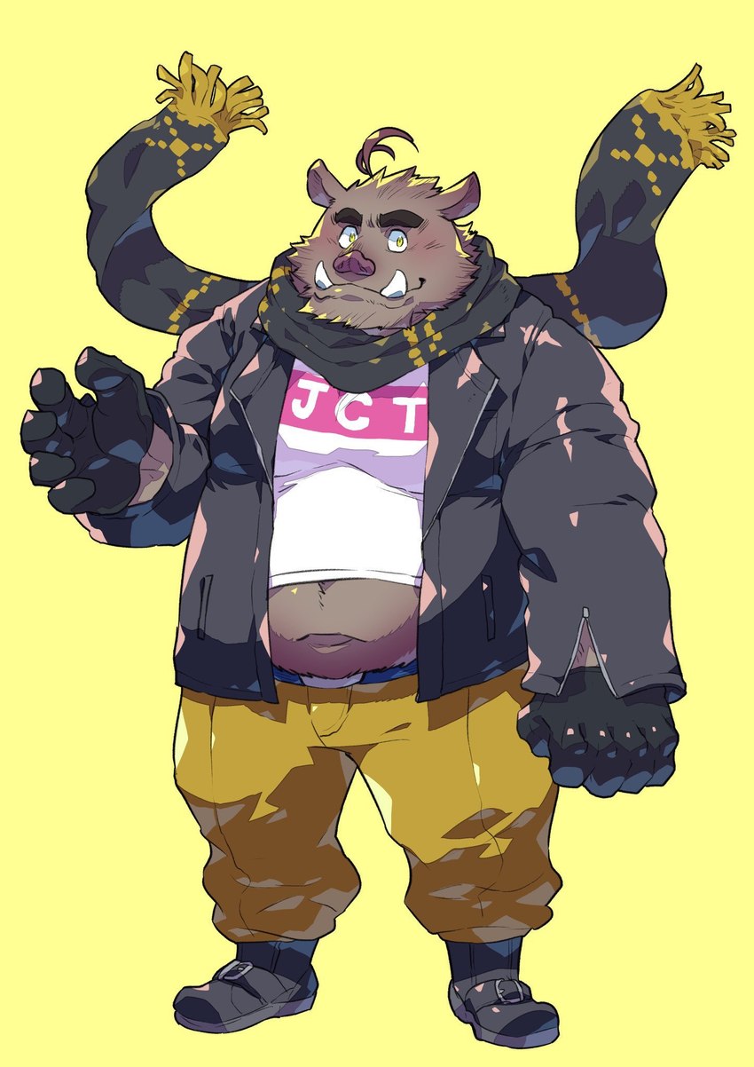 anthro belly blush bottomwear brown_body clothed clothing humanoid_hands kemono male navel overweight overweight_male pants scarf shirt simple_background solo topwear star_parlor utau in_jekuto mammal suid suine sus_(pig) wild_boar 2021 hi_res