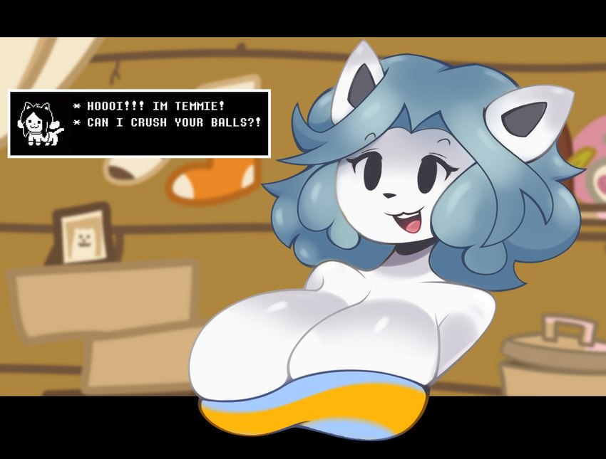 anthro big_breasts breasts cleavage clothed clothing crop_top female grey_hair hair open_mouth shirt smile solo tem_shop text text_box topwear white_body white_skin letherisreal undertale undertale_(series) temmie_(undertale) tem hi_res