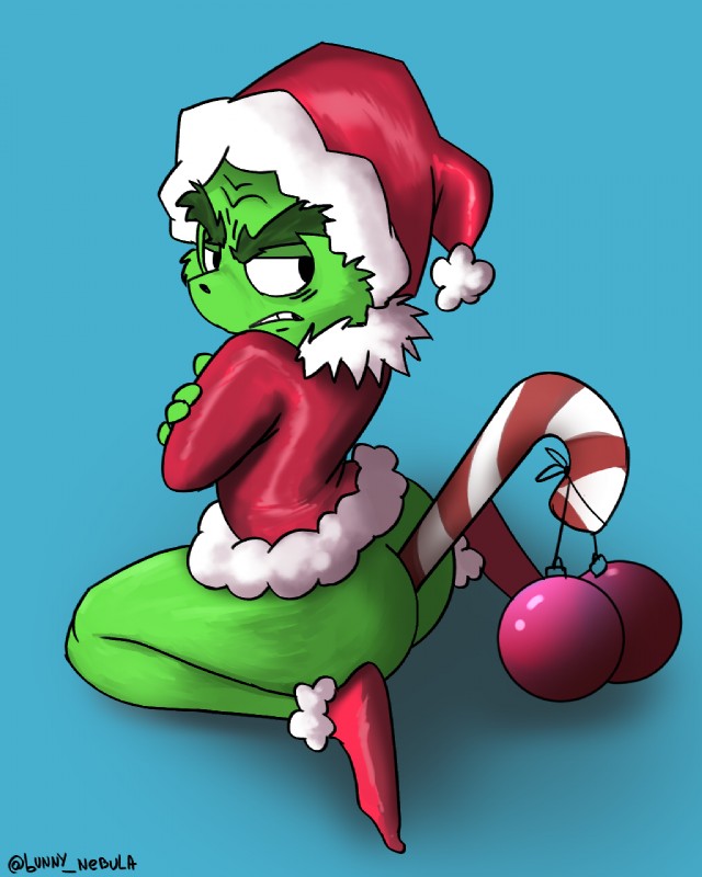 butt candy candy_cane clothed clothing dessert food fur green_body green_fur hair hat headgear headwear heart_symbol holidays male nude simple_background solo bunny_nebula christmas dr._seuss how_the_grinch_stole_christmas! grinch humanoid 2019 4:5 digital_media_(artwork) hi_res