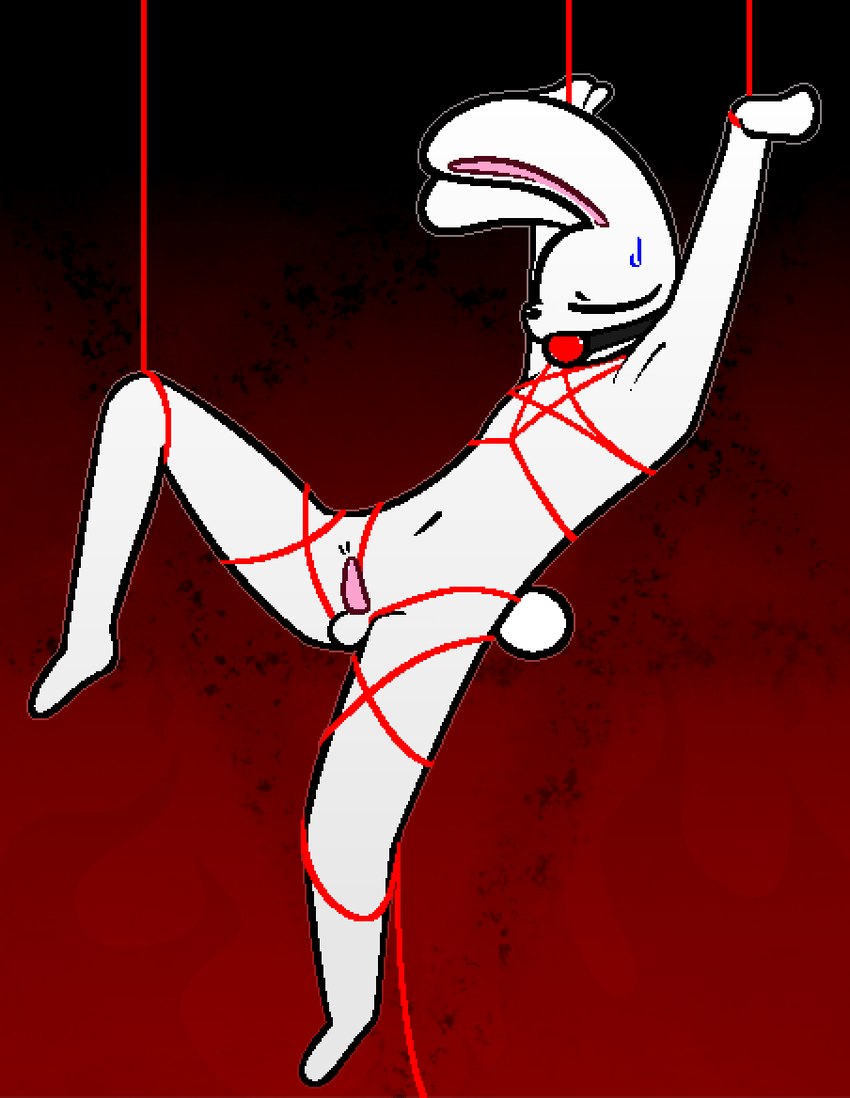 anthro ball_gag balls bdsm bodily_fluids bondage bound erection fur gag genitals harness male nude occult_symbol penis pentagram pentagram_harness restraints rope rope_bondage rope_harness simple_background solo submissive suspension symbol tail tapering_penis teeth white_body white_fur wendigoop kama_(wendigoop) lagomorph leporid mammal rabbit aliasing digital_media_(artwork)