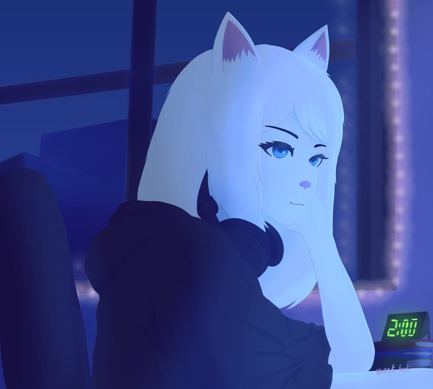 alarm_clock anthro blue_eyes clock clothing detailed_background electronics fur hair headphones hoodie male night solo string_lights topwear white_body white_fur white_hair yeetboi420z dakota_(yeetboi420z) domestic_cat felid feline felis mammal hi_res