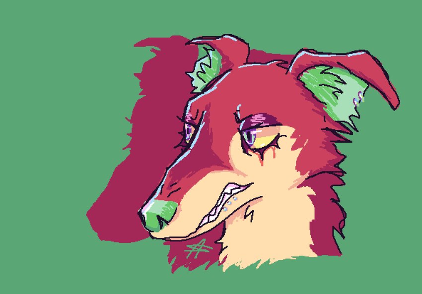 ambiguous_gender anthro button_ears ear_piercing ear_tuft eyelashes facial_piercing floppy_ears frown fur glistening_eyelids green_background green_body green_fur green_nose inner_ear_fluff lip_piercing multicolored_body multicolored_eyes multicolored_fur piercing red_body red_fur scowl scrunched_nose sharp_teeth simple_background snout solo teeth tuft yellow_sclera appelsaus potpourri_(kingmoth) borzoi canid canine canis domestic_dog hunting_dog mammal sighthound 2024 absurd_res aliasing digital_drawing_(artwork) digital_media_(artwork) headshot_portrait hi_res oekaki portrait shaded