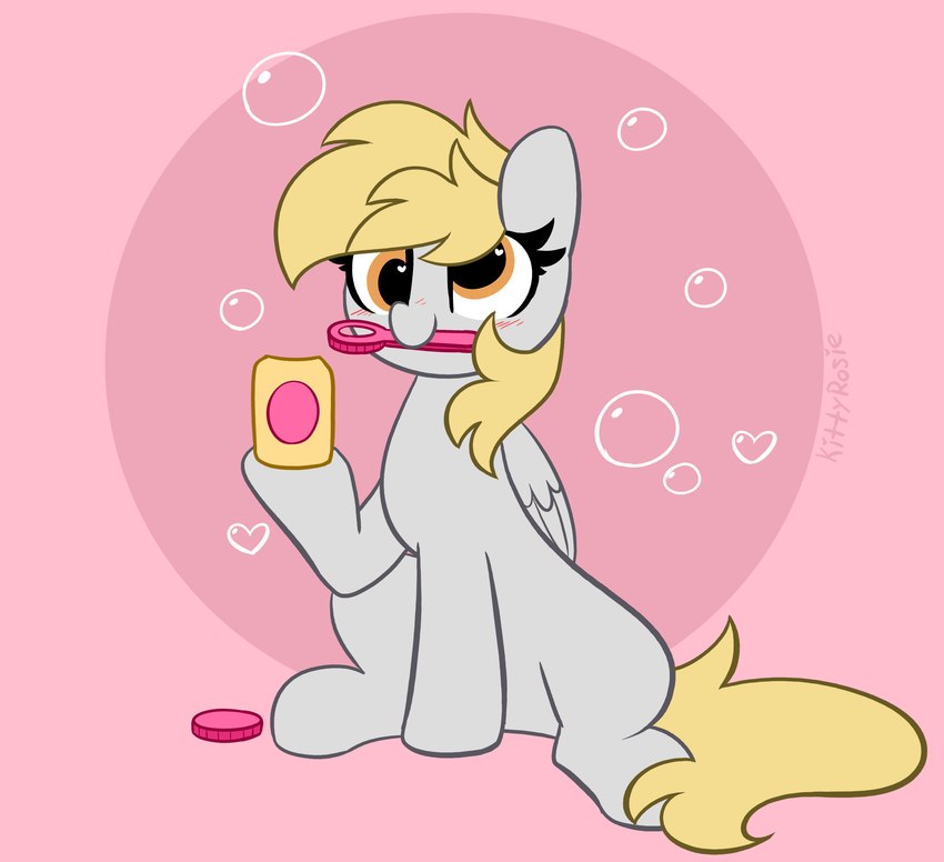 blonde_hair bubble female feral folded_wings grey_body hair holding_object orange_eyes pink_background simple_background sitting solo tail wings yellow_tail kittyrosie friendship_is_magic hasbro my_little_pony mythology derpy_hooves_(mlp) equid equine mammal mythological_creature mythological_equine pegasus absurd_res digital_media_(artwork) hi_res signature