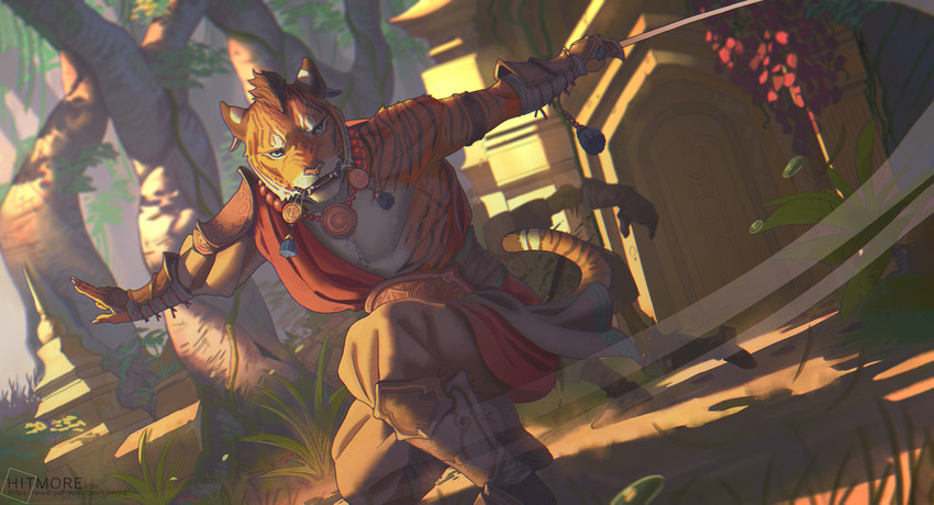 anthro black_stripes clothed clothing day detailed_background duo forest fur grass male orange_body orange_fur outside plant striped_body striped_fur stripes teeth tree hitmore microsoft the_elder_scrolls the_elder_scrolls_online felid khajiit mammal pantherine tiger 2020 digital_media_(artwork)