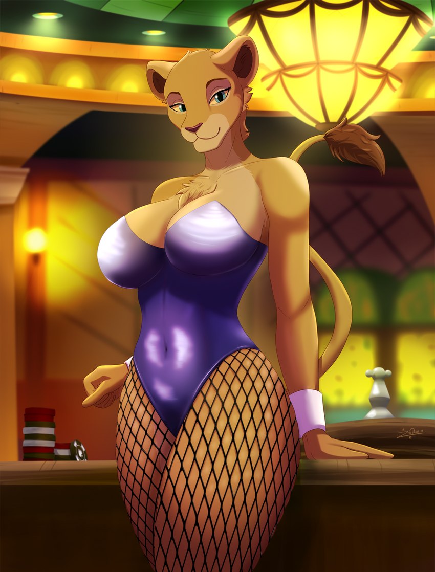 anthro anthrofied big_breasts blue_eyes breasts brown_body brown_fur brown_tail bunny_costume casino chest_tuft cleavage clothed clothing collarbone costume exposure_variation female fingers fur fur_tuft inside leotard playboy_bunny poker_chip pupils roulette_table roulette_wheel solo tail tail_tuft tuft zodiacsc disney the_lion_king nala_(the_lion_king) felid lion mammal pantherine 2023 hi_res signature