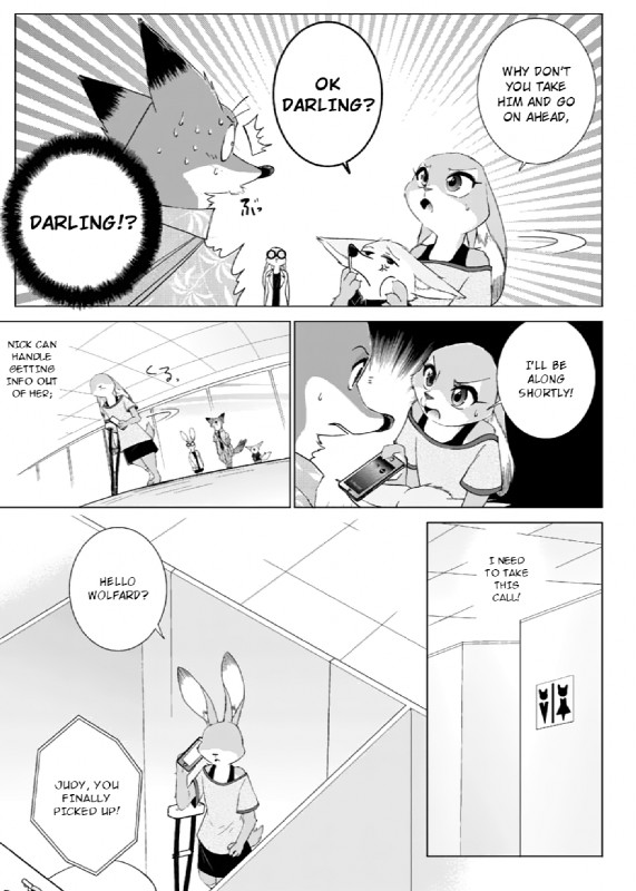 anthro clothing dialogue female fur greeting male text namagakiokami disney zootopia finnick_(zootopia) judy_hopps nick_wilde tracy_siren canid canine fennec_fox fox lagomorph leporid mammal rabbit red_fox true_fox comic english_text hi_res monochrome