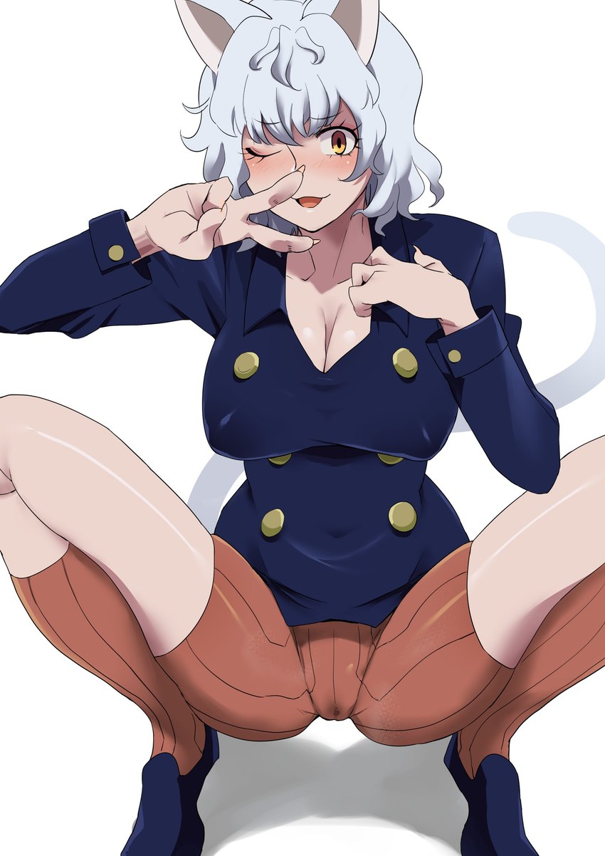 4_fingers breasts cat_tail clothed clothing crouching female fingers gesture hair hand_gesture looking_at_viewer one_eye_closed open_mouth open_smile pale_skin simple_background smile solo spread_legs spreading v_sign white_hair wink yellow_eyes minakamin90 hunter_x_hunter neferpitou animal_humanoid cat_humanoid chimera_ant felid felid_humanoid feline feline_humanoid human humanoid mammal mammal_humanoid absurd_res hi_res