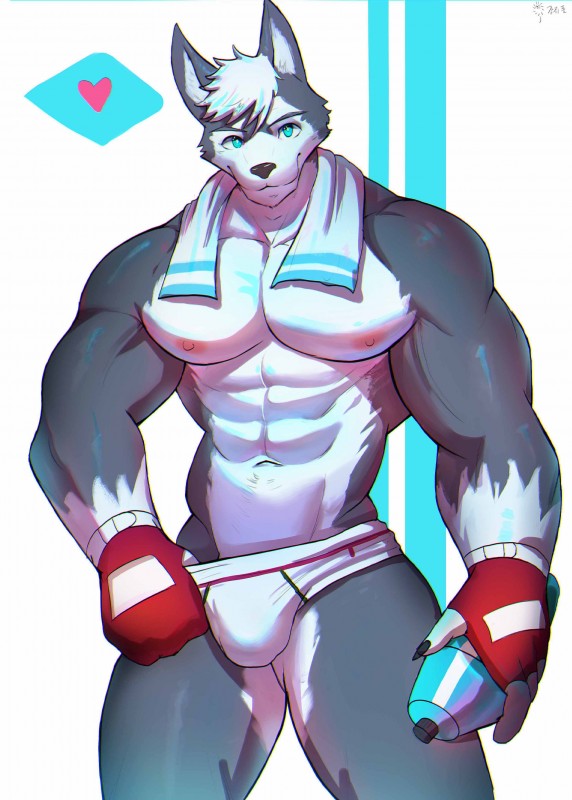 abs anthro biceps black_nose blue_eyes bulge clothed clothing fur grey_body grey_fur looking_at_viewer male multicolored_body multicolored_fur muscular muscular_anthro muscular_male nipples pecs solo topless underwear dkqksms1004 canid canine canis domestic_dog husky mammal nordic_sled_dog spitz 2018 absurd_res hi_res