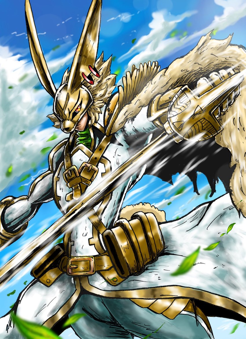 armor dual_wielding fur headgear helmet holding_object holding_weapon knight long_ears male melee_weapon orange_eyes rapier scut_tail short_tail solo sword tail warrior weapon yellow_body yellow_fur sutunununu bandai_namco digimon digimon_ghost_game animal_humanoid diarbbitmon digimon_(species) humanoid lagomorph lagomorph_humanoid leporid leporid_humanoid mammal mammal_humanoid rabbit rabbit_humanoid tailed_humanoid hi_res