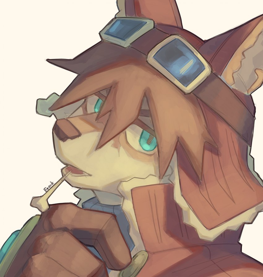 anthro bone clothing eyewear gloves goggles handwear hat headgear headwear looking_at_viewer male mercenary pose simple_background smile solo ermakkk cyberconnect2 little_tail_bronx solatorobo red_savarin canid canine caninu canis domestic_dog mammal 2024 hi_res