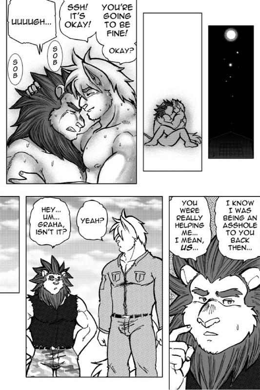 anthro arms_by_side biceps big_muscles bodily_fluids conjoined_speech_bubble crying dialogue glowing intimate male male/male muscular muscular_male name_drop name_in_dialogue nipples pecs profanity speech_bubble standing straight_arms straight_legs tears text ryuu_majin felid lion mammal pantherine comic english_text greyscale hi_res monochrome