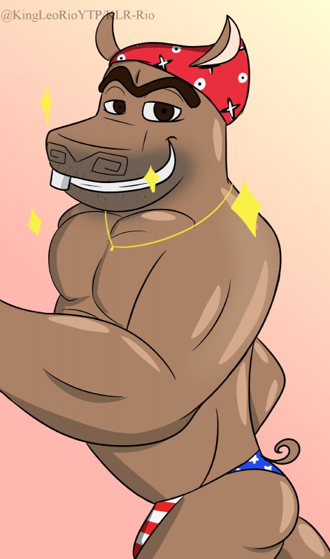 anthro clothed clothing cosplay eyebrows glistening grin jewelry kerchief looking_at_viewer male muscular muscular_anthro muscular_male necklace simple_background smile solo underwear unibrow klr-rio dreamworks madagascar_(series) real_world ricardo_dancin' moto_moto ricardo_milos common_hippopotamus hippopotamid mammal 2019 digital_media_(artwork) hi_res meme