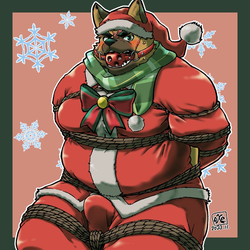 anthro ball_gag belly blush bound brown_body bulge christmas_clothing christmas_headwear clothing costume gag hat headgear headwear holidays kemono male overweight overweight_male rope santa_costume santa_hat solo exe_exem christmas lifewonders tokyo_afterschool_summoners yasuyori_(tas) canid canine canis domestic_dog mammal 2023 hi_res