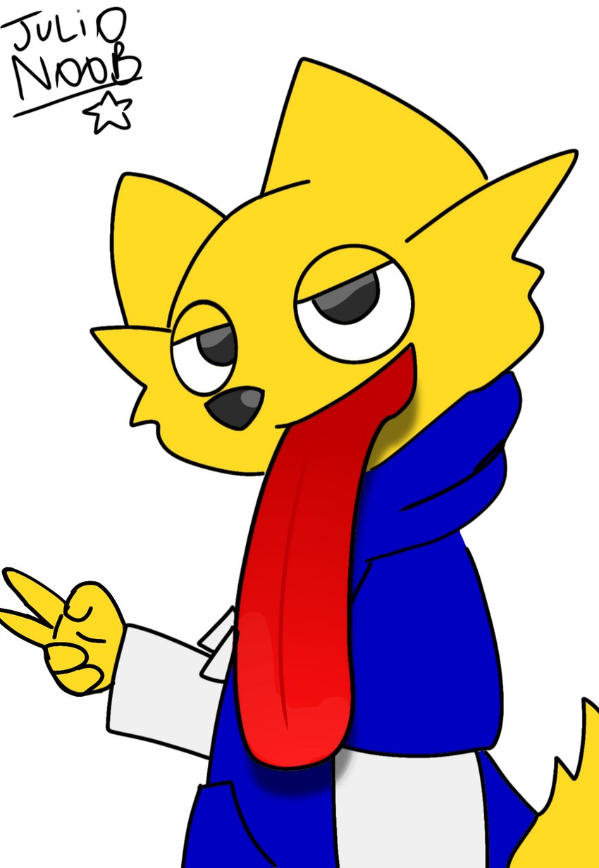 anthro blue_clothing blue_hoodie blue_topwear clothing fur gesture half-closed_eyes hand_gesture hoodie male narrowed_eyes solo tail tongue tongue_out topwear v_sign yellow_body yellow_fur julionoob100 julio_noob canid canine canis domestic_dog mammal hi_res signature