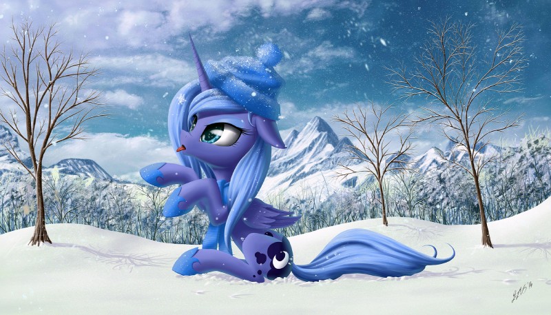 blue_body blue_eyes blue_feathers blue_fur blue_hair cutie_mark detailed_background feathered_wings feathers female feral fur hair horn mountain outside plant scarf snow snowing solo tongue tongue_out tree wings zigword friendship_is_magic hasbro my_little_pony mythology princess_luna_(mlp) equid equine mammal mythological_creature mythological_equine winged_unicorn 2014 hi_res