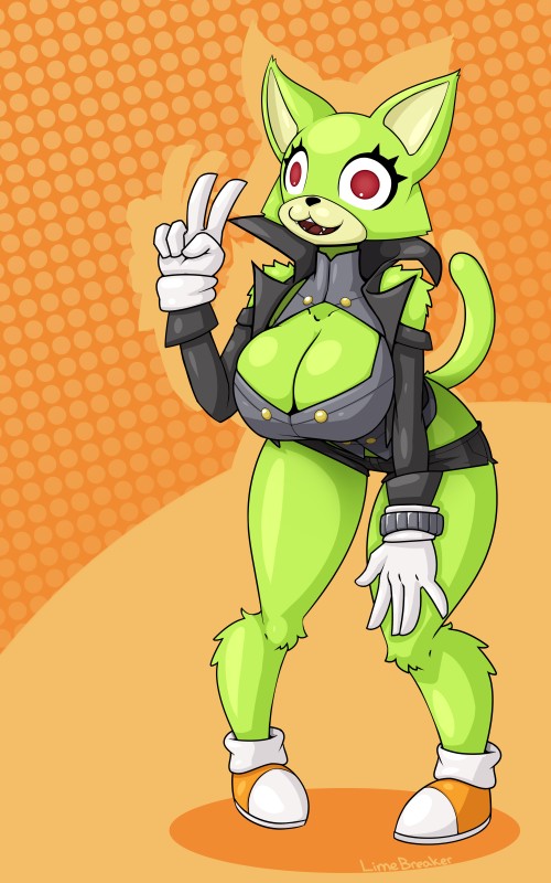 anthro biped bracelet breasts cleavage clothed clothing eyelashes female footwear fur gesture gloves green_body green_fur hand_gesture handwear jacket jewelry orange_background red_eyes shoes simple_background solo soul_devouring_eyes tail thick_thighs thigh_gap topwear v_sign white_clothing white_gloves white_handwear wide_hips limebreaker game_grumps sega sonic_forces sonic_the_hedgehog_(series) custom_character_(sonic_forces) plurmp_dankenstein_mcflurnten_the_cat_esquire_(game_grumps) domestic_cat felid feline felis mammal 2017 5:8 absurd_res hi_res