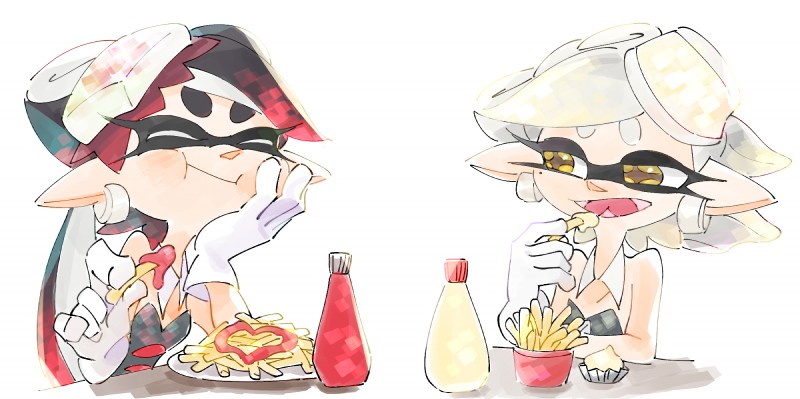 bare_shoulders clothing duo eating fangs female food fries gloves hair handwear humanoid_pointy_ears jewelry long_hair markings mask mole_(marking) pointy_ears pseudo_hair short_hair teeth tentacle_hair tentacles yellow_eyes ningukt nintendo splatoon callie_(splatoon) marie_(splatoon) squid_sisters_(splatoon) animal_humanoid cephalopod cephalopod_humanoid humanoid inkling marine marine_humanoid mollusk mollusk_humanoid 2017 hi_res