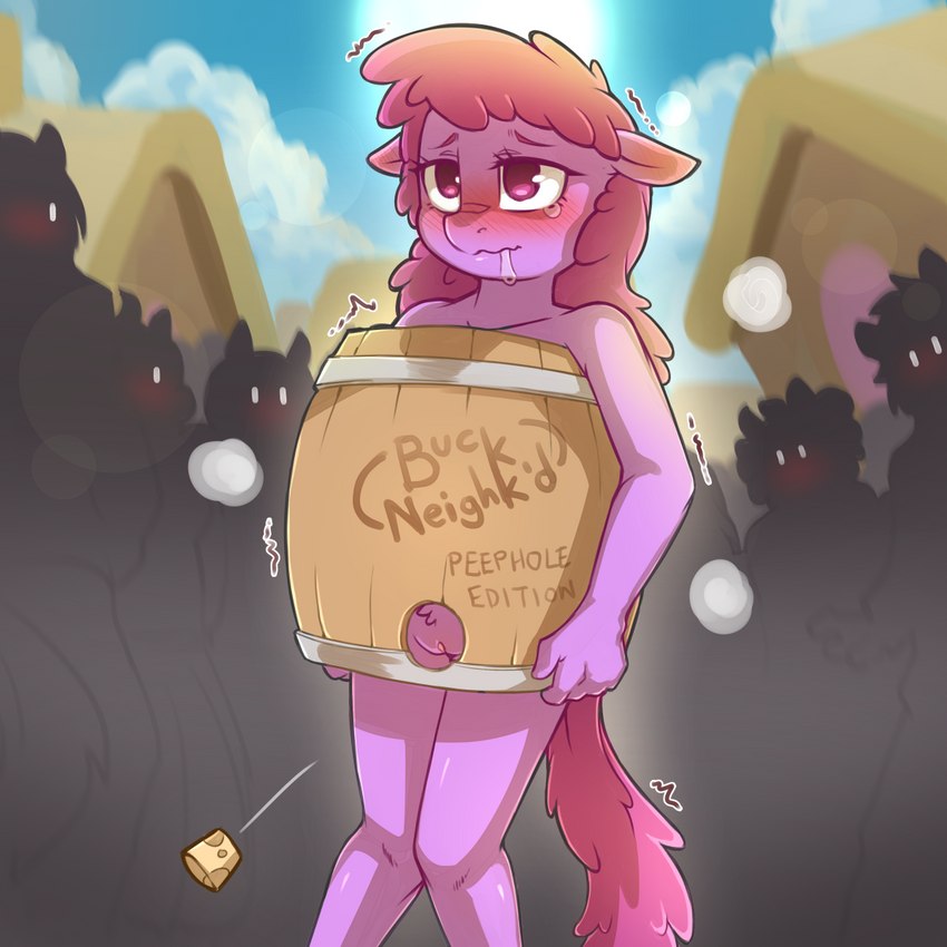 anthro anthrofied blush bodily_fluids drooling exhibitionism female genitals group hair pubes public purple_hair pussy saliva silhouette solo_focus wearing_a_barrel cold-blooded-twilight friendship_is_magic hasbro my_little_pony berry_punch_(mlp) equid equine mammal 1:1 2021 hi_res