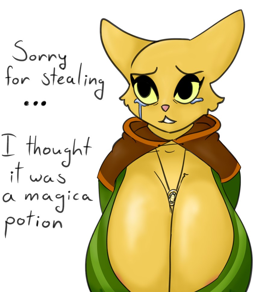 anthro big_breasts bodily_fluids breast_expansion breasts clothed clothing expansion female fully_clothed guilty hood huge_breasts jewelry pendant simple_background solo tears white_background trwawynt1 microsoft prequel_adventure the_elder_scrolls katia_managan felid feline khajiit mammal absurd_res hi_res