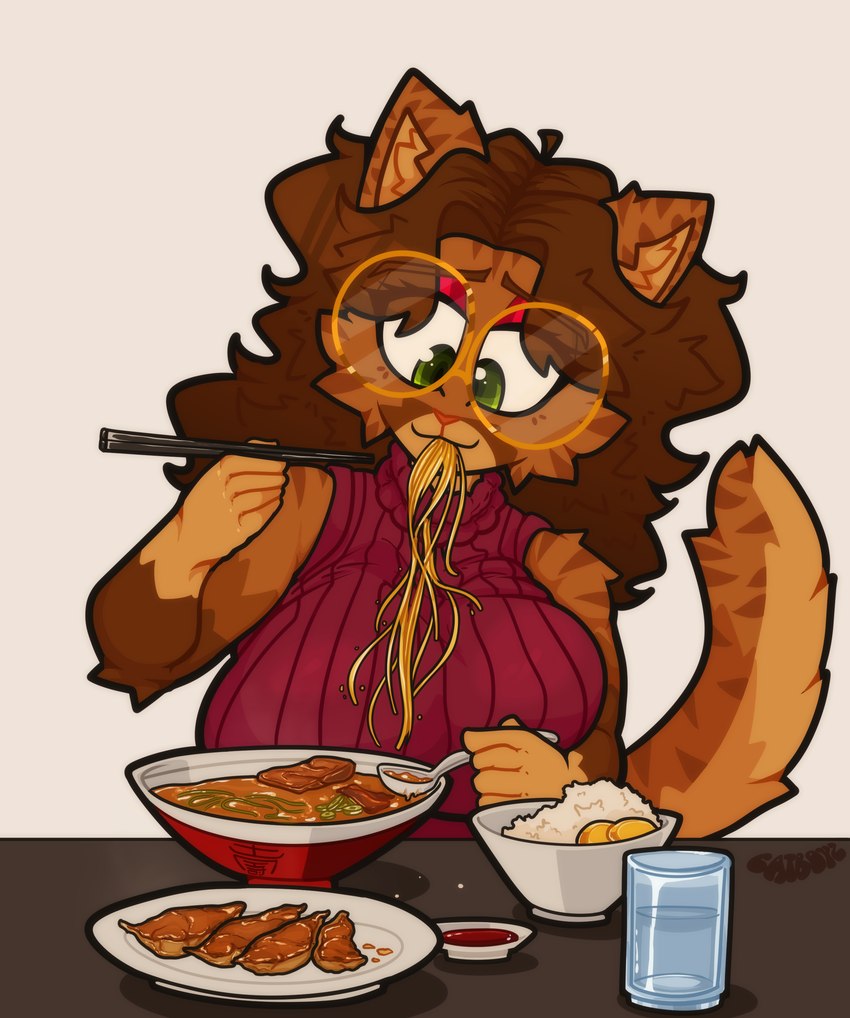 anthro bowl chicken_meat chopsticks clothed clothing container cutlery eating eating_food eyewear female food food_in_mouth fur glasses hair holding_object kitchen_utensils meat noodles overweight overweight_anthro overweight_female ramen ramen_bowl ramen_noodles rice simple_background smile solo spoon sweater tail tools topwear turtleneck water catboyz mika_(catboyz) domestic_cat felid feline felis mammal siberian_cat absurd_res digital_media_(artwork) hi_res