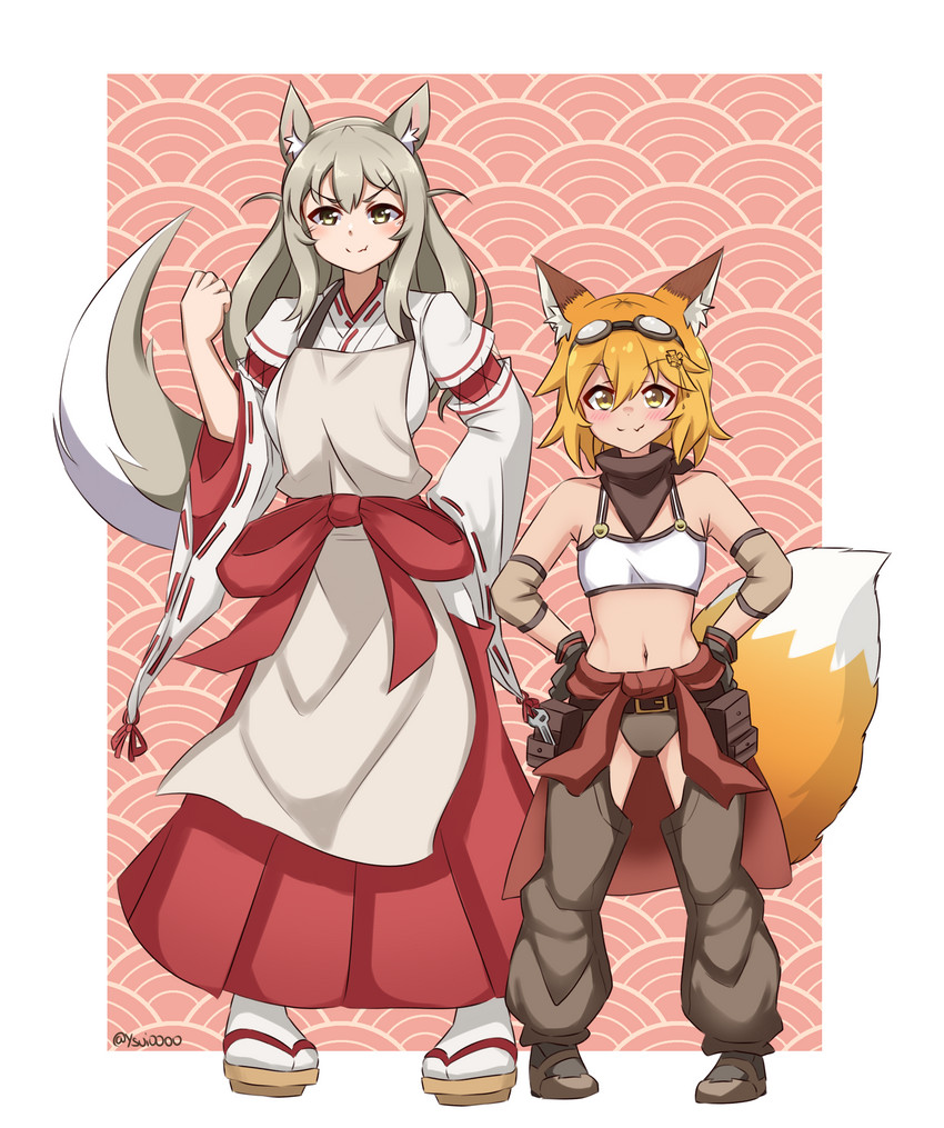 alternate_costume asian_clothing biped blush bottomwear brown_bottomwear brown_clothing brown_footwear clothed clothing clothing_swap dipstick_tail duo east_asian_clothing female footwear front_view fur geta gloves grey_body grey_ears grey_fur hair hakama hands_on_hips handwear haori inner_ear_fluff japanese_clothing markings multicolored_body multicolored_ears multicolored_fur multicolored_tail orange_ears orange_hair orange_tail red_bottomwear red_clothing red_hakama socks tabi_socks tail tail_markings tuft white_body white_clothing white_fur white_haori white_tail wide_sleeves dkun lost_pause sewayaki_kitsune_no_senko-san lily_the_mechanic senko-san animal_humanoid canid canid_humanoid canine canine_humanoid fox_humanoid humanoid mammal mammal_humanoid absurd_res full-length_portrait hi_res portrait