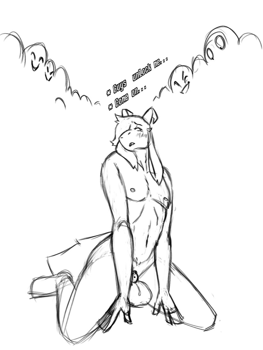 ambiguous_gender anthro balls big_balls blush chastity_cage chastity_device embarrassed femboy genitals group humiliation kneeling male penis_humiliation public public_humiliation skinny small_penis_humiliation solo dracozhilla undertale undertale_(series) asriel_dreemurr bovid caprine goat mammal 3:4 hi_res monochrome