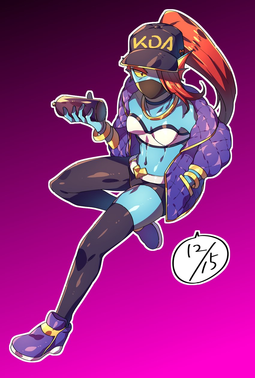 armband blue_body blue_skin clothing eye_patch eyewear female hair jacket leggings legwear mask ponytail red_hair shows simple_background solo spray_can topwear yellow_sclera pugthe2ro k/da kda league_of_legends riot_games tencent undertale undertale_(series) akali_(lol) undyne animal_humanoid fish fish_humanoid humanoid marine marine_humanoid hi_res