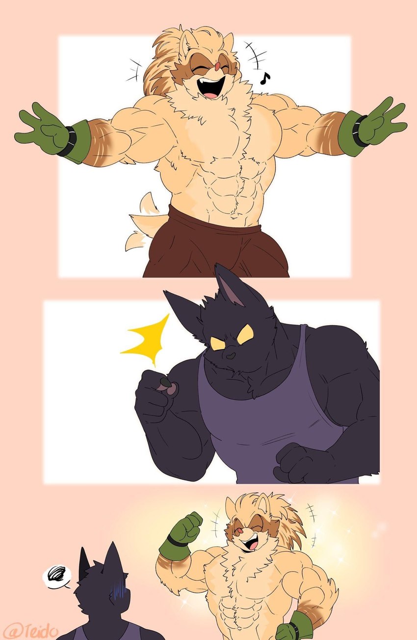 3_panel_comic 4_fingers alternate_form angry anthro anthro_on_anthro arm_markings arm_tuft belly belly_tuft belt belt_accessory big_deltoids big_eyes big_muscles big_pecs black_arms black_belt black_body black_chest black_claws black_ears black_face black_fingers black_fur black_hands black_neck black_nose border bottomwear brown_arms brown_body brown_bottomwear brown_clothing brown_face brown_fur brown_markings brown_pants cheek_tuft chest_tuft claws clothed clothed_anthro clothed_male clothing crossbar_emanata deltoids duo ear_tuft emanata empty_eyes eyes_closed facial_markings facial_tuft fingers forearm_muscles front_view frustration_cloud fully_clothed fully_clothed_anthro fully_clothed_male fur glare gloves green_clothing green_gloves green_handwear handwear happy head_markings head_tuft huge_deltoids huge_muscles huge_pecs humanoid_hands iconography leg_markings male male/male male_anthro manly markings mask motion_lines mouthless multicolored_body multicolored_fur muscular muscular_anthro muscular_arms muscular_male muscular_thighs musical_note musical_symbol neck_muscles neck_tuft open_mouth open_smile pants partial_line_speech_bubble pawpads pecs pink_inner_ear pink_nose pink_pawpads purple_clothing purple_shirt purple_tank_top purple_topwear quads serratus shirt simple_background smile socks_(marking) sparkles sparkling_character speech_bubble standing symbol tail tail_motion tail_tuft tailwag tan_arms tan_background tan_belly tan_body tan_border tan_chest tan_ears tan_face tan_fur tan_inner_ear tan_neck tan_tail tank_top three-quarter_view topless topless_anthro topless_male topwear trapezius triceps tuft two_tone_arms two_tone_body two_tone_face two_tone_fur white_background yellow_eyes heyimteedo league_of_legends riot_games sega sonic_the_hedgehog_(series) tencent teemo_(lol) veigar mammal yordle 2022 colored comic crossover digital_drawing_(artwork) digital_media_(artwork) flat_colors hi_res signature