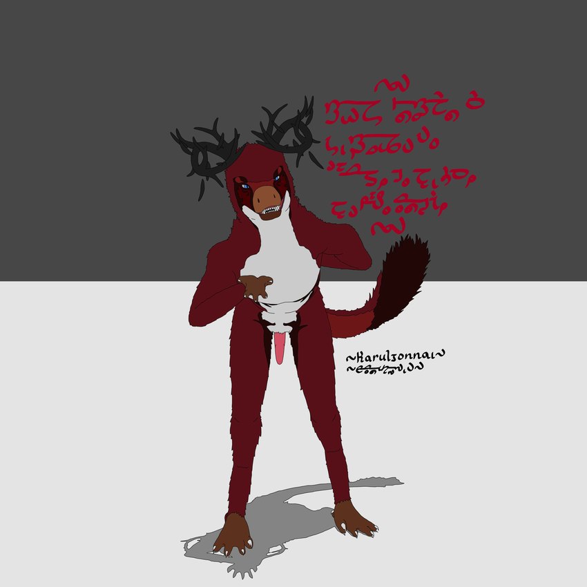 2_thumbs 4_toes 5_fingers animal_genitalia anisodactyl anthro antlers belly black_antlers black_eyebrows black_markings blue_eyes chest_markings claws digitigrade eyebrows facial_markings feather_hair feather_mane feathers feet fingers floating_antlers genital_slit genitals grinning_at_viewer hand_behind_back head_markings horn leaning leaning_forward male markings nude offering_hand_to_viewer penis pink_penis pseudo_hair pseudo_mane pupils raised_eyebrow red_body red_feathers shadow sharp_teeth showing_teeth simple_background slit_pupils smile smiling_at_viewer solo tail tail_tuft talking_to_viewer talons tapering_penis teeth text toes tuft unusual_anatomy white_belly white_body white_claws white_feathers karuljonnai mythology marthos demon dragon feathered_dragon feathered_scalie mythological_creature mythological_scalie scalie absurd_res constructed_language flat_colors hi_res signature herm_(lore)