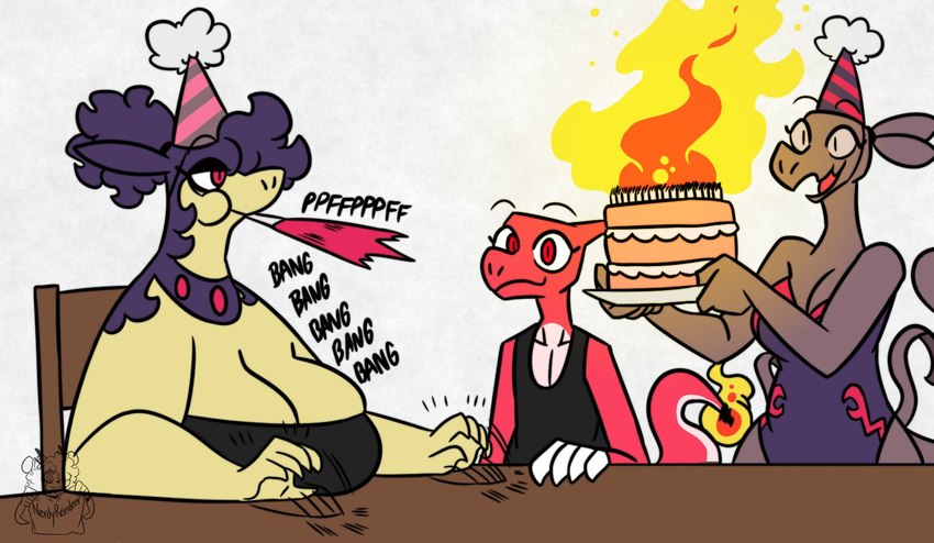 anthro big_breasts birthday birthday_cake breasts cake cleavage clothed clothing dessert eyeshadow female femboy food group hair hat headgear headwear long_hair makeup male party_hat party_horn purple_hair red_body trio yellow_body nerdyreindeer nintendo pokemon aversa_(nerdyreindeer) calli_(nerdyreindeer) charmeleon generation_1_pokemon generation_7_pokemon generation_8_pokemon hisuian_form hisuian_typhlosion lizard mammal pokemon_(species) regional_form_(pokemon) reptile salazzle scalie