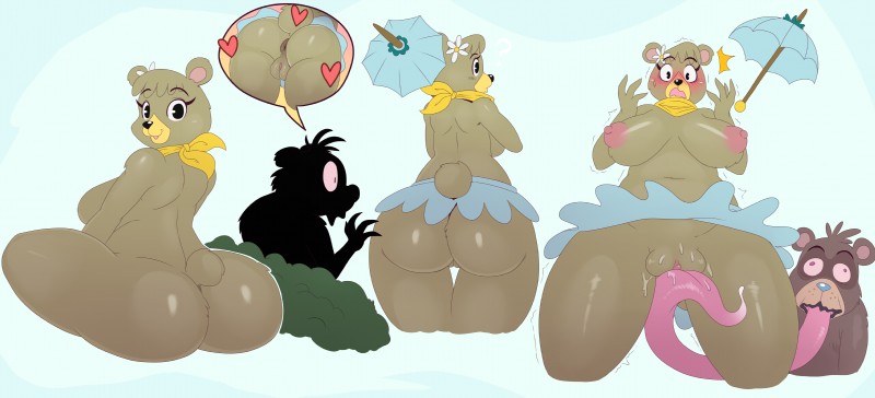 anthro big_butt bottomwear brown_body brown_fur butt clothed clothing duo female from_behind_position fur furgonomics genitals heart_symbol looking_at_viewer male nipples nude oral plant pussy sex shrub simple_background sitting skirt smile surprise tail tail_through_skirt tongue umbrella white_background sssonic2 hanna-barbera yogi_bear boo-boo_bear cindy_bear bear mammal 2015 absurd_res hi_res