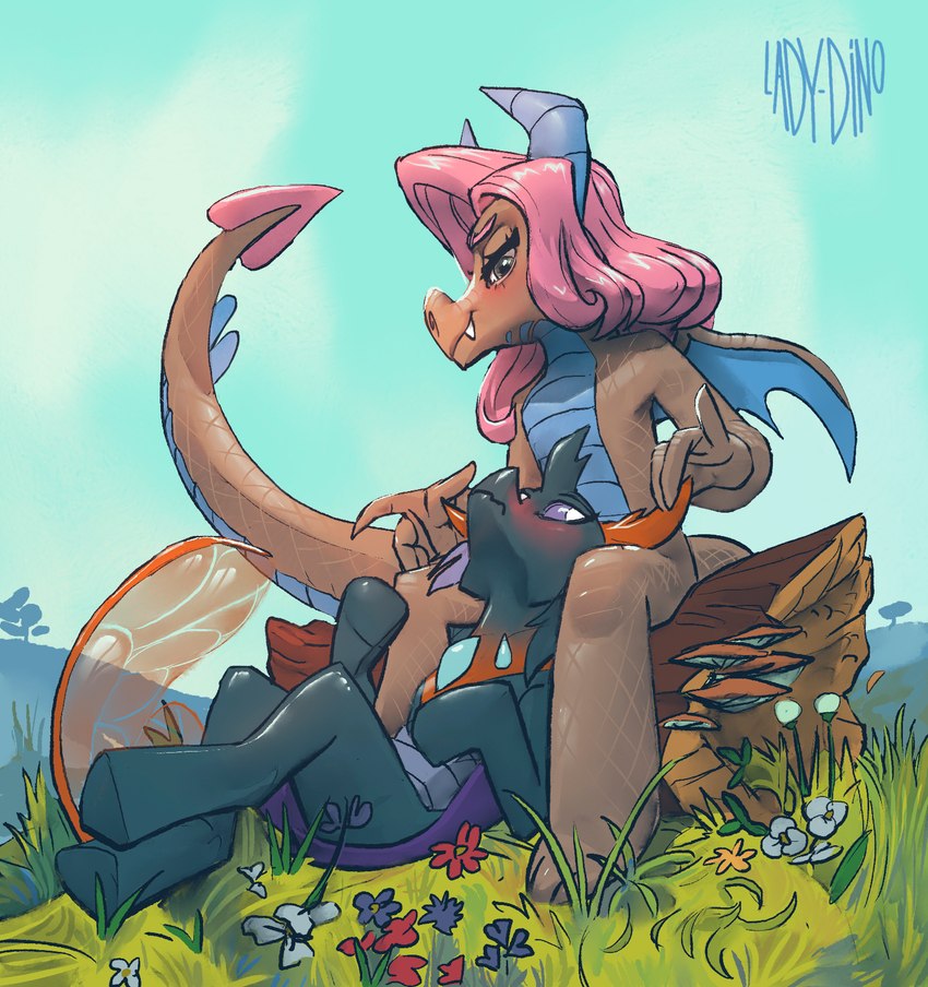 2_horns anthro blush cloud duo female flower gesture grass hair horn looking_at_another lying outside pink_hair plant sitting sky suggestive suggestive_gesture tail teasing ladydino friendship_is_magic hasbro my_little_pony mythology mina_(mlp) pharynx_(mlp) arthropod changeling dragon equid equine horse mammal mythological_creature mythological_scalie pony scalie 2023 hi_res signature