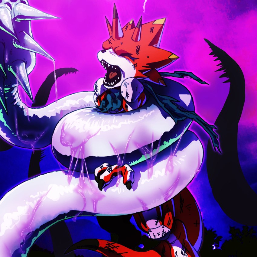 anthro claws coiling duo eyes_closed feral horn male open_mouth red_body ryona scarf sharp_teeth teeth gerusyu bandai_namco digimon digimon_ghost_game betelgammamon digimon_(species) quetzalmon 1:1 hi_res