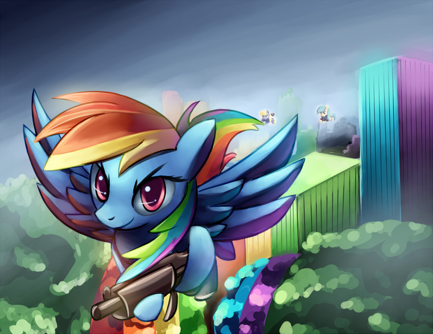 blue_body blue_feathers blue_fur cloud feathered_wings feathers female feral fur group gun hair multicolored_hair rainbow rainbow_hair ranged_weapon smile solo_focus submachine_gun weapon wings negativefox friendship_is_magic hasbro my_little_pony mythology cloud_kicker_(mlp) rainbow_dash_(mlp) raindrops_(mlp) equid equine mammal mythological_creature mythological_equine pegasus 2011 colorful_theme