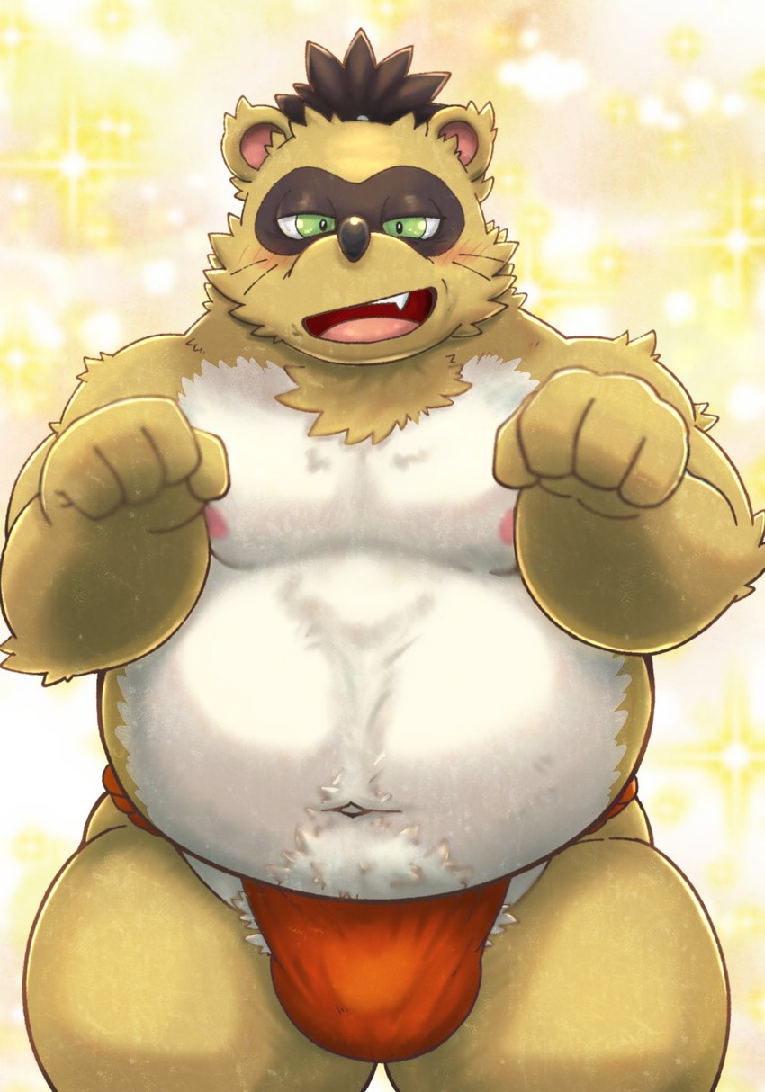 anthro asian_clothing belly big_belly blush brown_body clothing east_asian_clothing fundoshi green_eyes humanoid_hands japanese_clothing kemono male moobs navel nipples overweight overweight_male solo underwear white_body rockmai3 sengoku_puzzle tokugawa_ieyasu canid canine mammal raccoon_dog tanuki 2022 hi_res