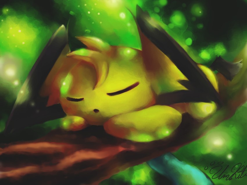 ambiguous_gender black_nose black_tail black_text branch eyes_closed fur hair in_tree on_branch plant scarf sleeping solo tail text tree yellow_body yellow_fur umikit nintendo pokemon muro_(aots) generation_2_pokemon pichu pokemon_(species) 2012 4:3 absurd_res artist_name digital_media_(artwork) english_text hi_res female_(lore)