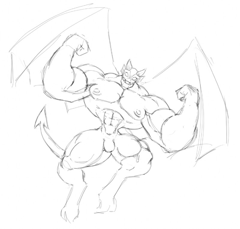 big_muscles flexing male membrane_(anatomy) membranous_wings muscular muscular_male solo wings dragmon league_of_legends riot_games tencent galio_(lol) gargoyle monochrome sketch